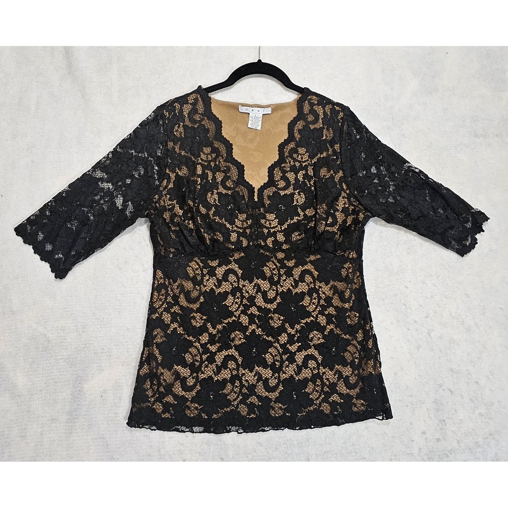 Y2K Lace Top Cami  L Sheer Nude Black Vtg Plunge Neck Overlay Low Cut Whimsygoth